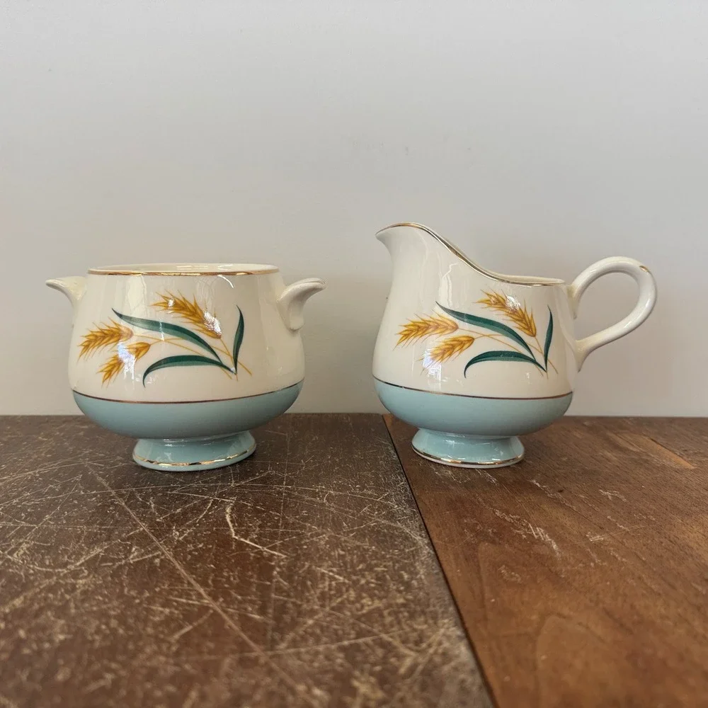 Vintage Creamer and Sugar Bowl Set Golden Wheat‎ Blue Base Gold Trim MCM